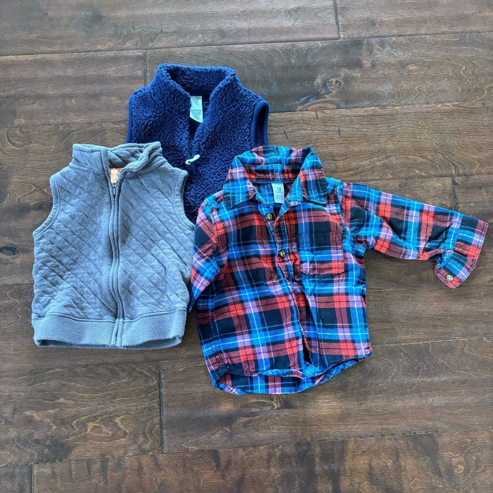 Carter's Boys 12 Month Tops Vests Zip Up Collared Button Down Shirt Lot Blue